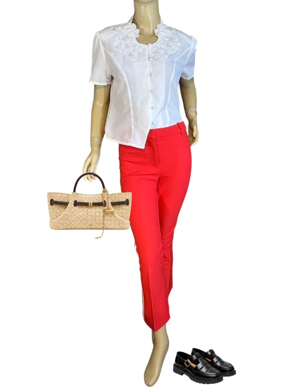 BLAIR WHITE EMBROIDERED NOTCH BOTTOM SHORT SLEEVE BUTTON DOWN BLOUSE (S)